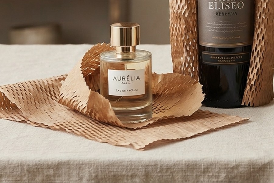Frasco de perfume sobre una lámina de papel nido de abeja