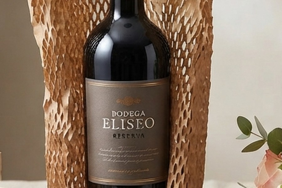 Botella de vino tinto protegida con una funda de papel nido de abeja