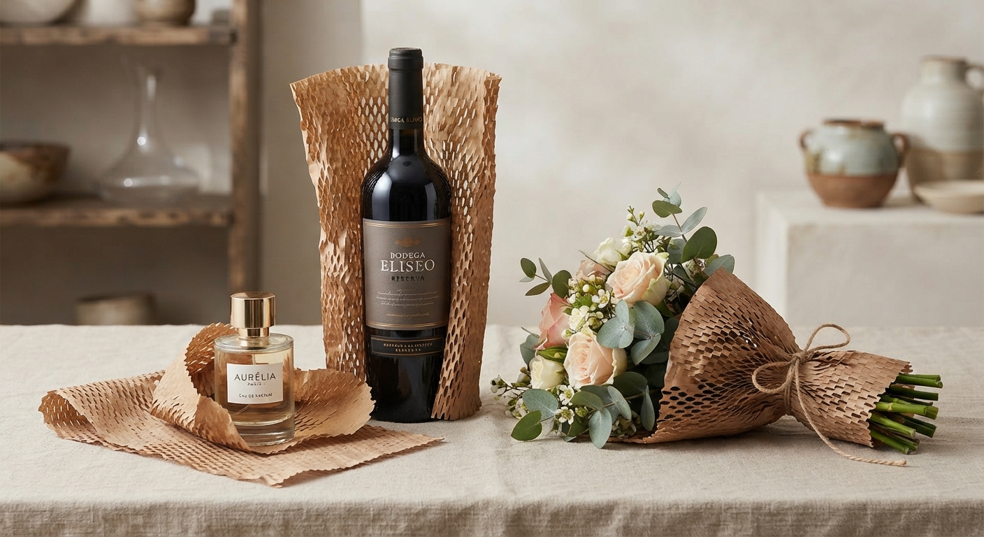 Botella de vino, frasco de perfume y ramo de flores envueltos en papel nido de abeja kraft
